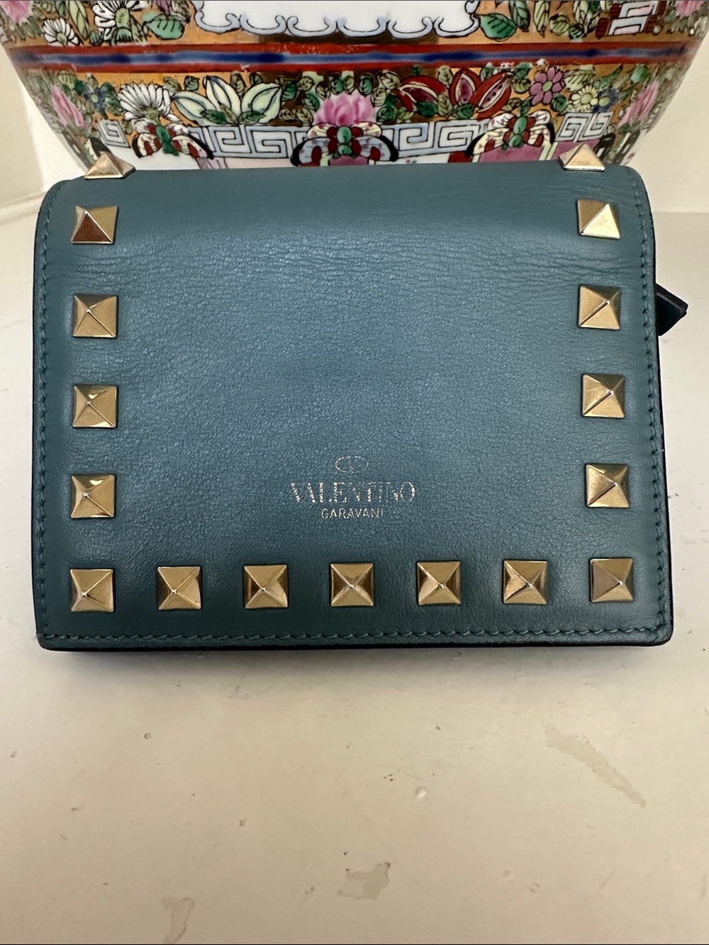 Valentino Garavani Mini Rockstud Wallet in Teal Blue with Gold Studs